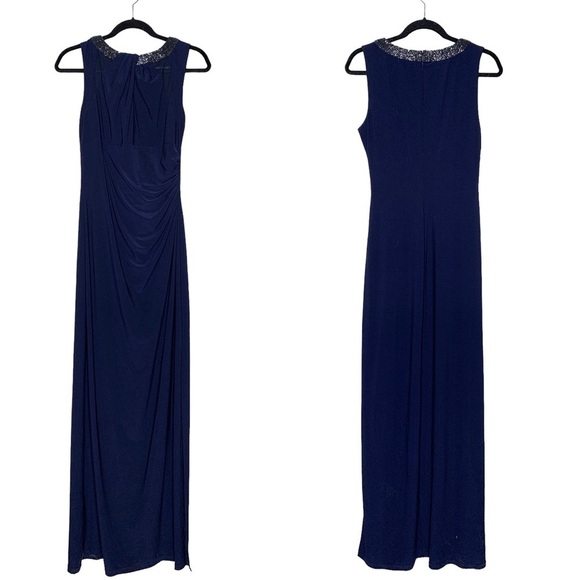 Lauren Ralph Lauren Navy Beaded Neck Sleeveless Evening Gown Sz 12 - Picture 2 of 9